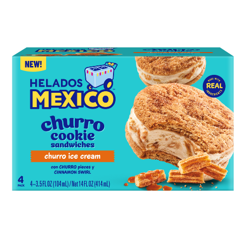 Churro Cookie Sandwich with Churro Ice cream, Churro Pieces and Cinnamon Swirl
